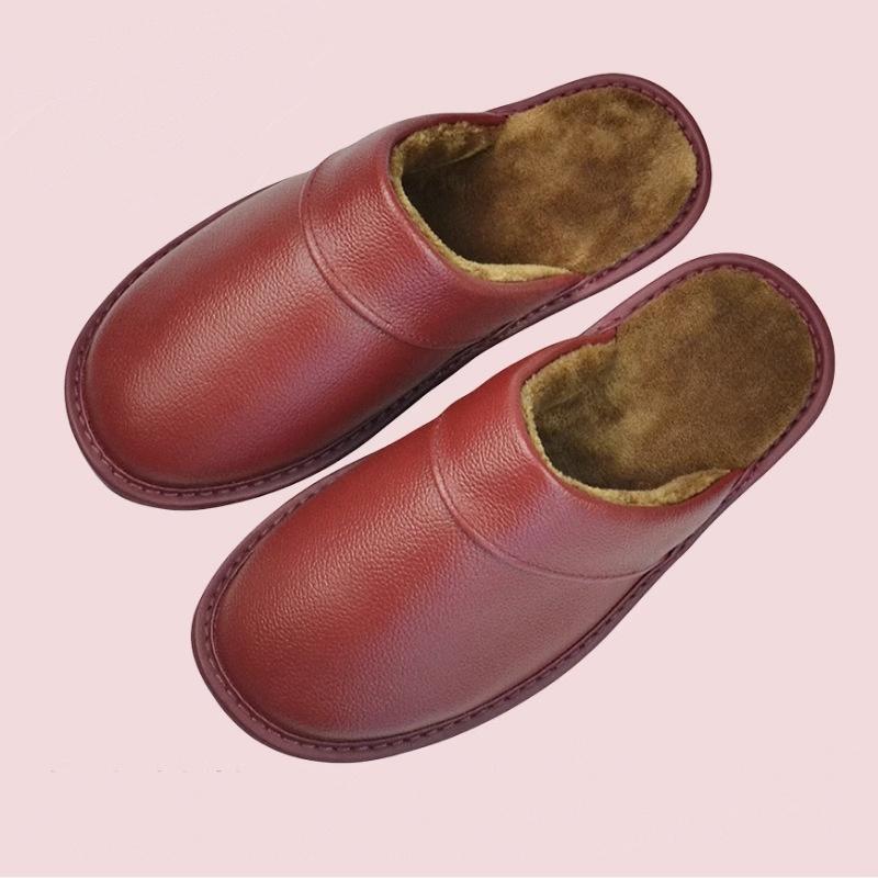 Fleece Warm Winter Cow Split Leather Unisex Handmade Slippers Slip On Soft Comfortable Bedroom Indoor Flats Men Women Padded Warm Slippers Shoes