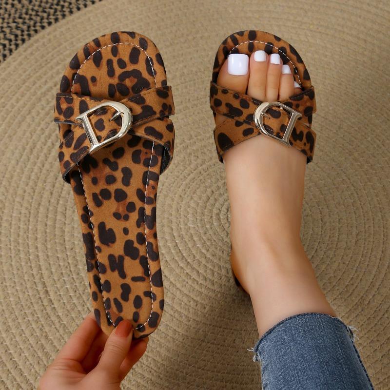 Shoes for Women 2024 Brand Leopard Print Women's Slippers Fashion Belt Buckle Daily Slippers Women Summer Peep Toe Flat Slippers