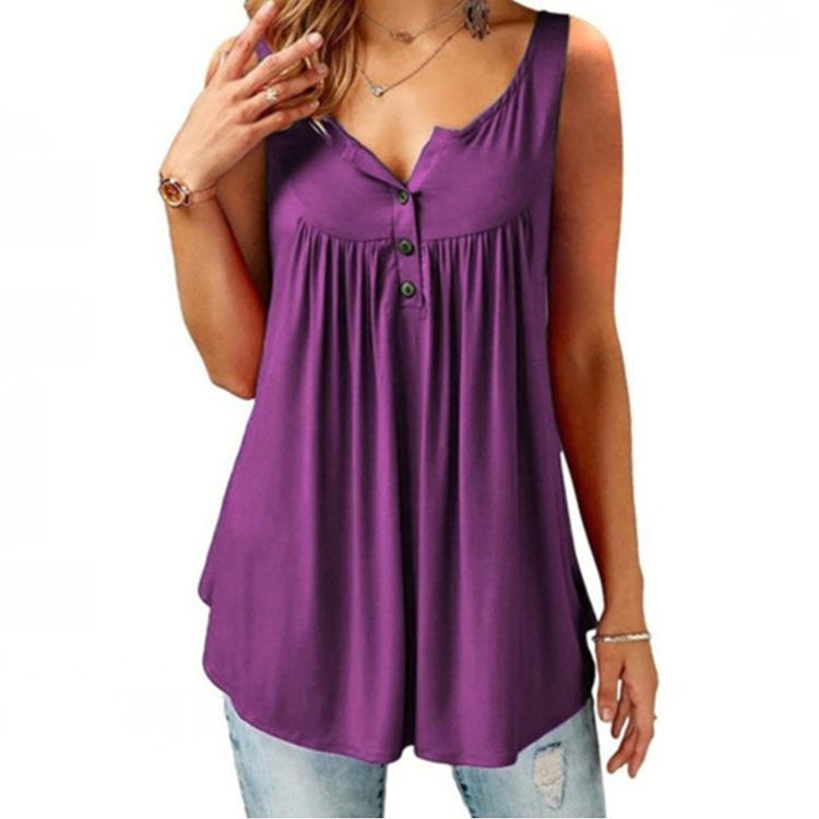 Plus Size Casual Sleeveless Tops Sexy Deep V-neck Halter Button Blouse Ladies Swing Flowy Vest