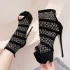 Liyke Spring Autumn Hollow Out Rhinestone Mesh Ankle Boots Women Shoes Sexy Peep Toe Zip Platform High Heels Pole Dance Booties