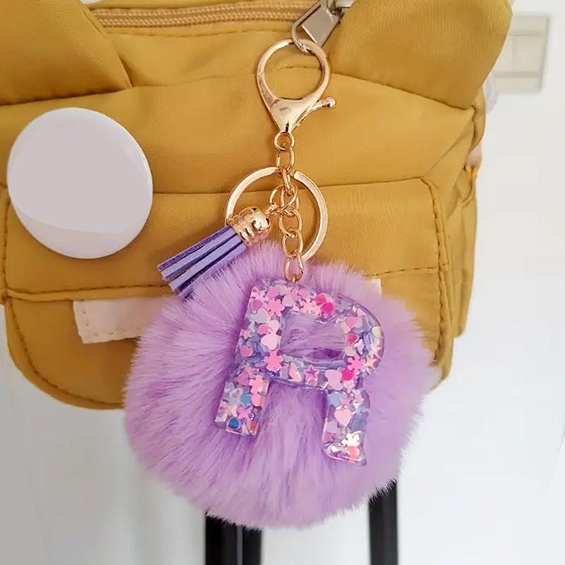 Adorable A-Z Letters Initial Keychain Sparkling Resin Alphabet Fluffy Hairball Pendant Backpack Decoration Accessories Gifts