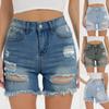 Women Casual Denim Shorts Mid Waist Stretch Band Pocket Ripped Fringe Denim Shorts