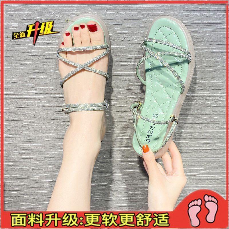 Two Sandals for Women's Fashion Outer Wear 2025 New Summer Flat-bottomed Rhinestone Shoes Soft-soled Jelly Shoes First Women's Shoes