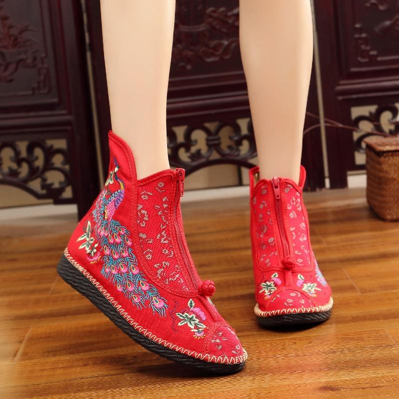 Ankle Boots for Women New Spring and Autumn Flat Bottom Cloth Shoes Ethnic Style Low Barrel Short Boots Embroidered Shoes Women