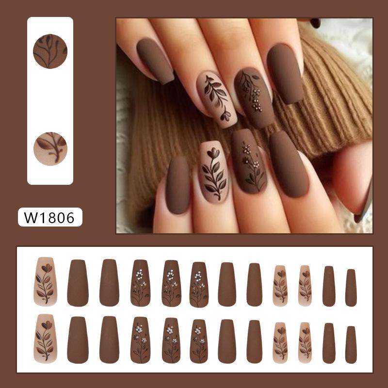 24 Pieces Wear Nail In Autumn and Winter To Show White Maillard Matte Texture Flower Leaves Ins Wind Removable Nail Art