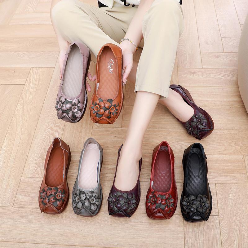 2024 Ethnic Style Cowhide Wedge Heels: Comfortable, Non-Slip, Floral Casual Shoes
