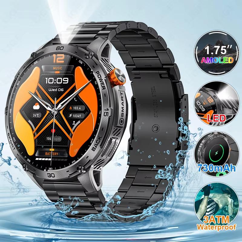 2025 New Military Smart Watch Men 730mAh Large Battery Flashlight AMOLED HD Display 3ATM Waterproof Outdoor Sports Smartwatch