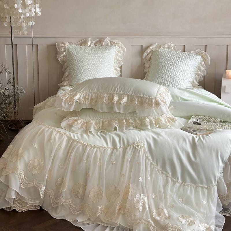 4 Pieces Premium French Princess Style Cotton 100% Bedding Set Large Duvet Cover Queen King Size Pillowcase Bed Sheet Summer