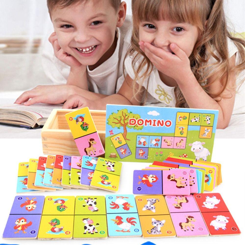 Wooden Animal Domino Puzzle Toy Education Blocks Wooden Domino Building Blocks Set Kids   Tollder