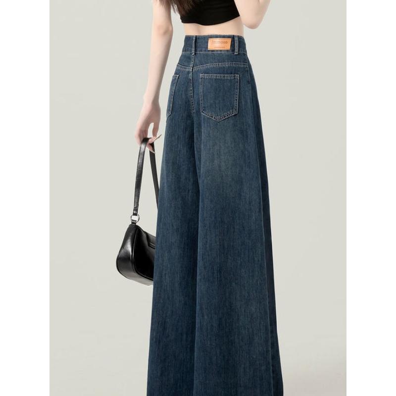 2025 Dark Blue High Waist Wide Leg Jeans Women's Summer Versatile Slimming Fall Clothes Loose Straight Pants Spring and Autumn