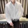 Men Lapel Long Sleeve Glitter Tassel Patchwork See Through Mesh Shirts Tops