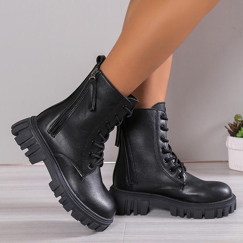 Fashion 2024 Black New Women Ankle Boots Autumn Winter Platform Lace Up Ladies Punk Boots Thick Sole Zipper Combat Booties Female