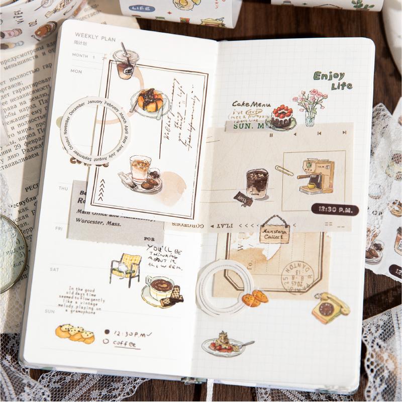 200cm/ Roll Washi Paper Tape Vintage Art Afternoon Tea Coffee Dessert Pattern Mini Tent Tape Creative DIY For Card Decoration