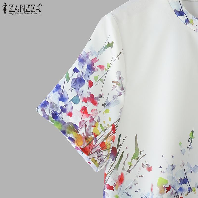 ZANZEA Women Casual Round Neck Summer Short Sleeve Print Blouse