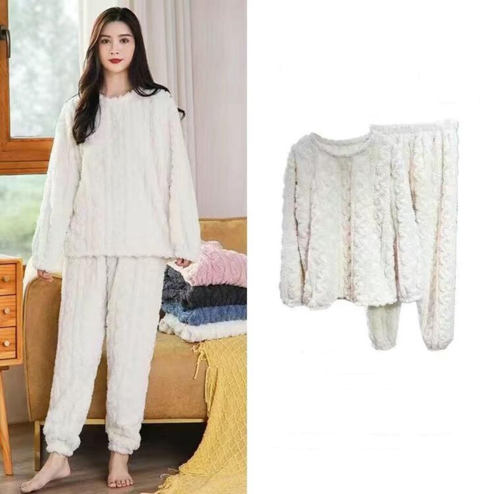 2025 Autumn Women Solid Warm 2 Piece Sets Thicken Velvet Ribbed Fleece Set Pullover And Pants Women Casual Pajama Sets