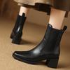 2025 New Split Leather Boots Women Square Toe Elastic Band Chunky High Heels Autumn Winter Ankle Boots Ladies Office Dress Shoes