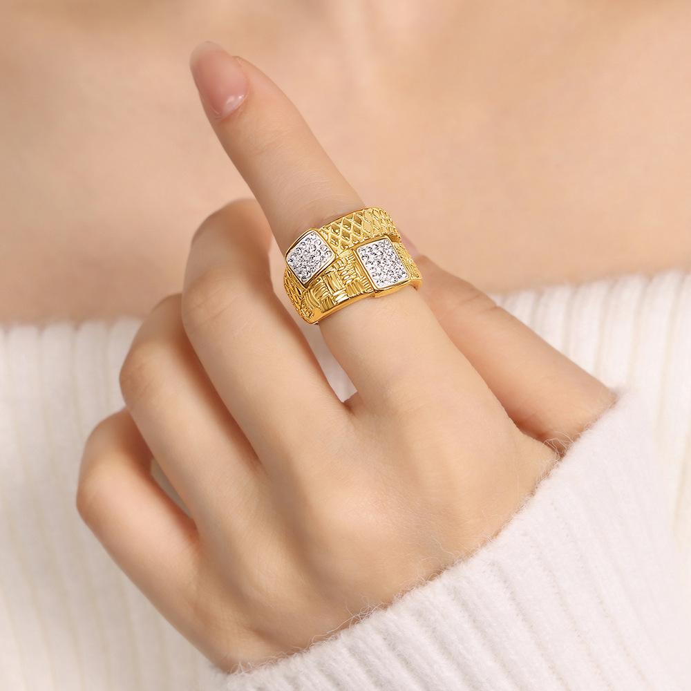 Light Luxury Geometric Diamond-encrusted Ring Wide Version Couple with The Same Titanium Steel Multi-texture Ring Jewelry