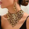 Fashionable Retro Elegant Triangle Scarf, False Collar, Personality Exaggerated Leopard Print Ladies Collarbone Necklace Earrings Set