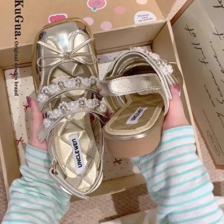 Fashion Summer New Women's Pearl Knot Sandals Flat Bottom Mary Janes Retro Style Rubber Sole Comfortable Slip-On Shoes for Dress