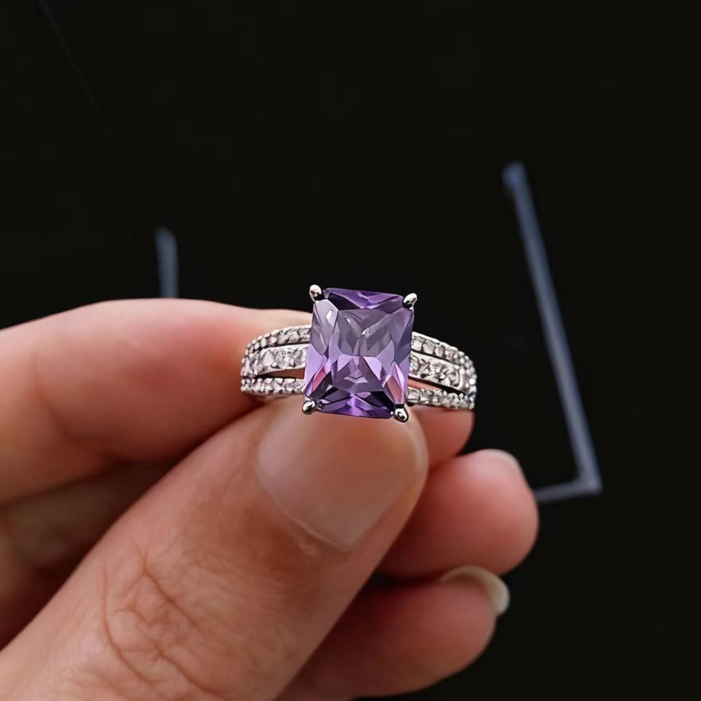 Sansheng Iii Square Women'S Ring Simulation 8X10 Rectangle Amethyst Ring Femininity High Carbon Diamond Ring