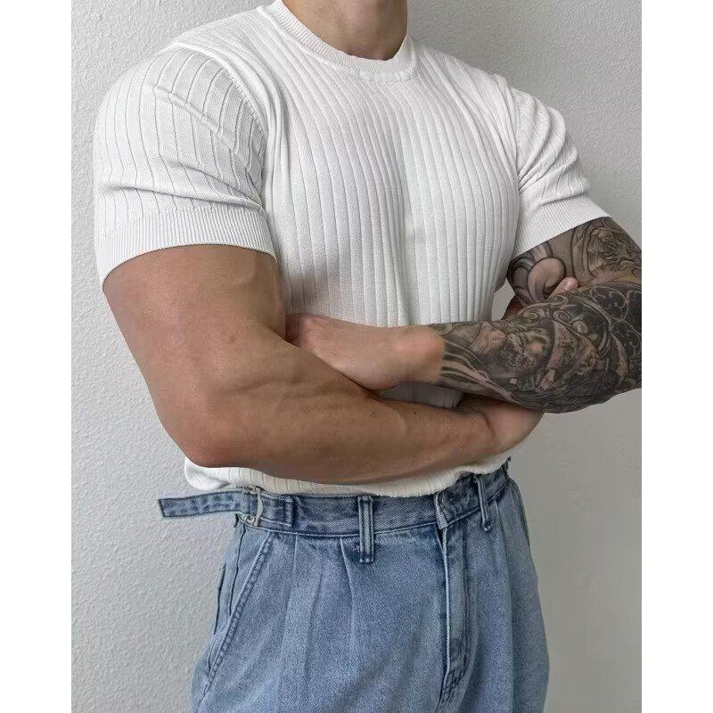 Men's Summer Korean Style Slim Fit Knitted Polo Shirt - Short-Sleeve, Solid Color, Ice Silk, Turn-Down Collar