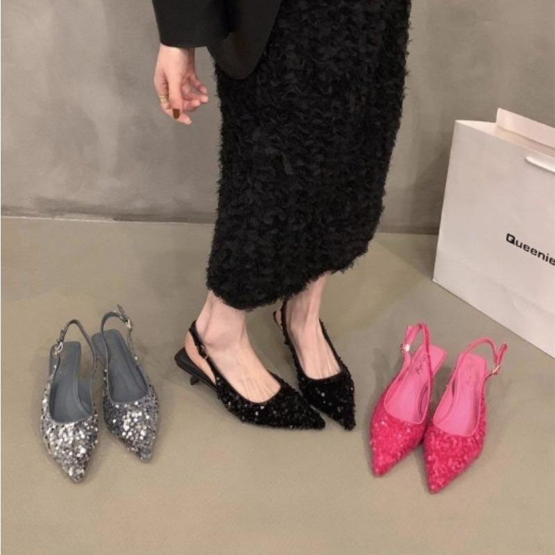 New Style Luxury French Pointed Sandals Burgundy Patent Crisscross Straps Metal Decor Slim Heels Open-Back Fairy Sandals