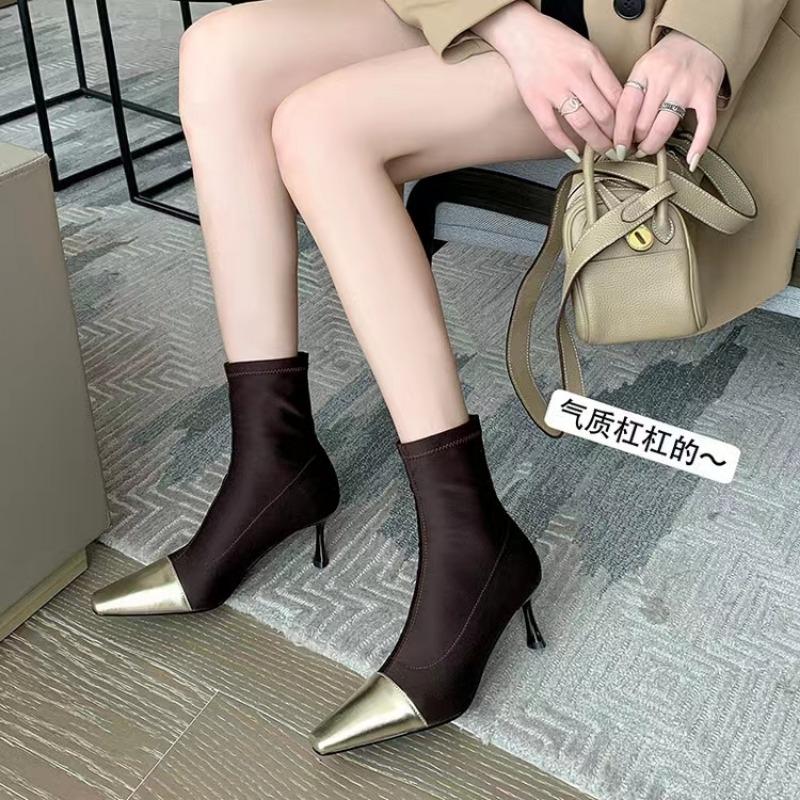 New Fashion High Heel Elastic Slim Boots Women's Shoes Mid-calf Sock Boots Pointed Rubber Material Spring and Autumn