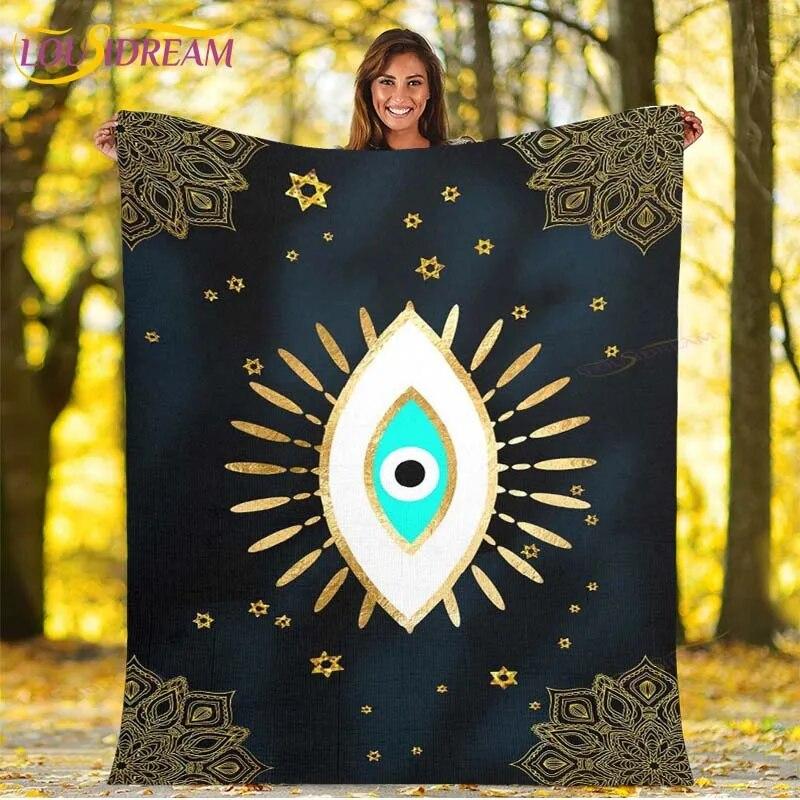 Evil Eye Blanket Turkish Nazar Spiritual Art Blanket Vintage Mid Century Flannel Blanket Sofa Chair Throw Blanket Travel Blanket