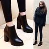 Fashion Casual Zipper Pointed Toe Soft Leather Women Shoes Platform Square Heel High-heeled Ankle Boots Black Motorcycle Boots