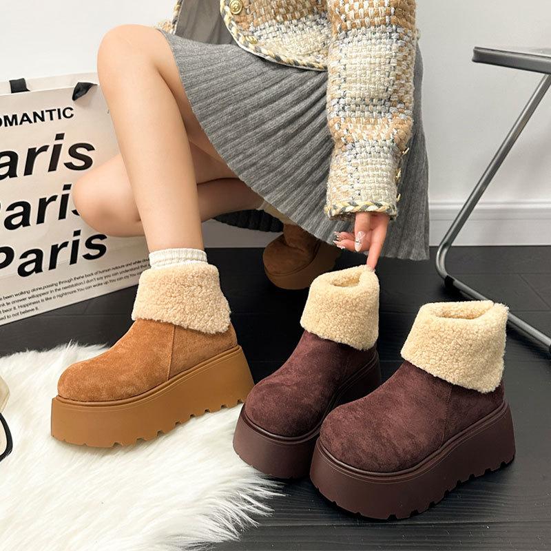 Thick-soled Heightening Snow Boots Women's New Winter Plush Warm Fluffy Short Boots Fashionable Ugly and Cute Big-headed Cotton Shoes