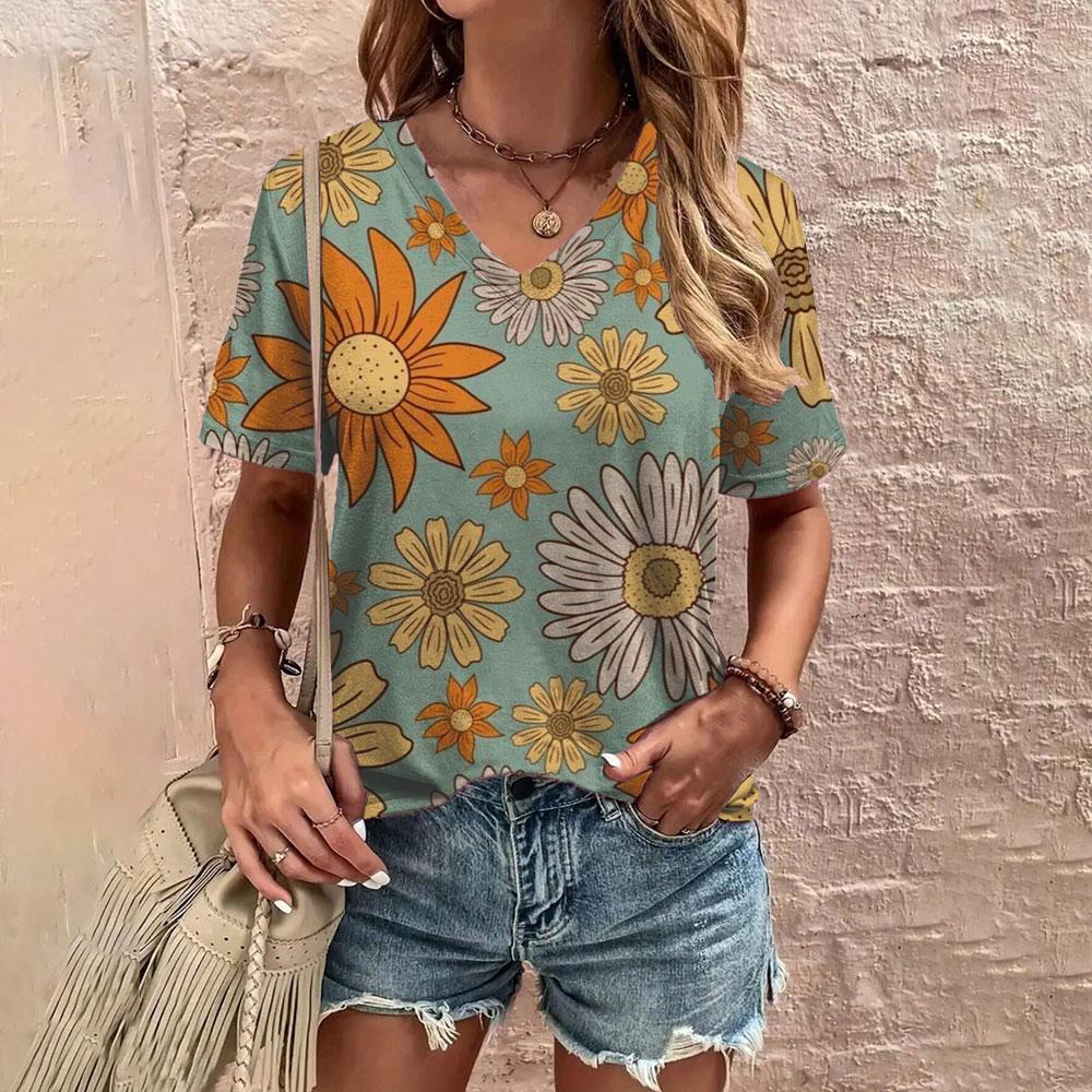 Summer Comfortable Women's T-shirt Fashion Flower Pattern Print Leisure Elegant V-neck T-shirt Daily Women's T-shirt