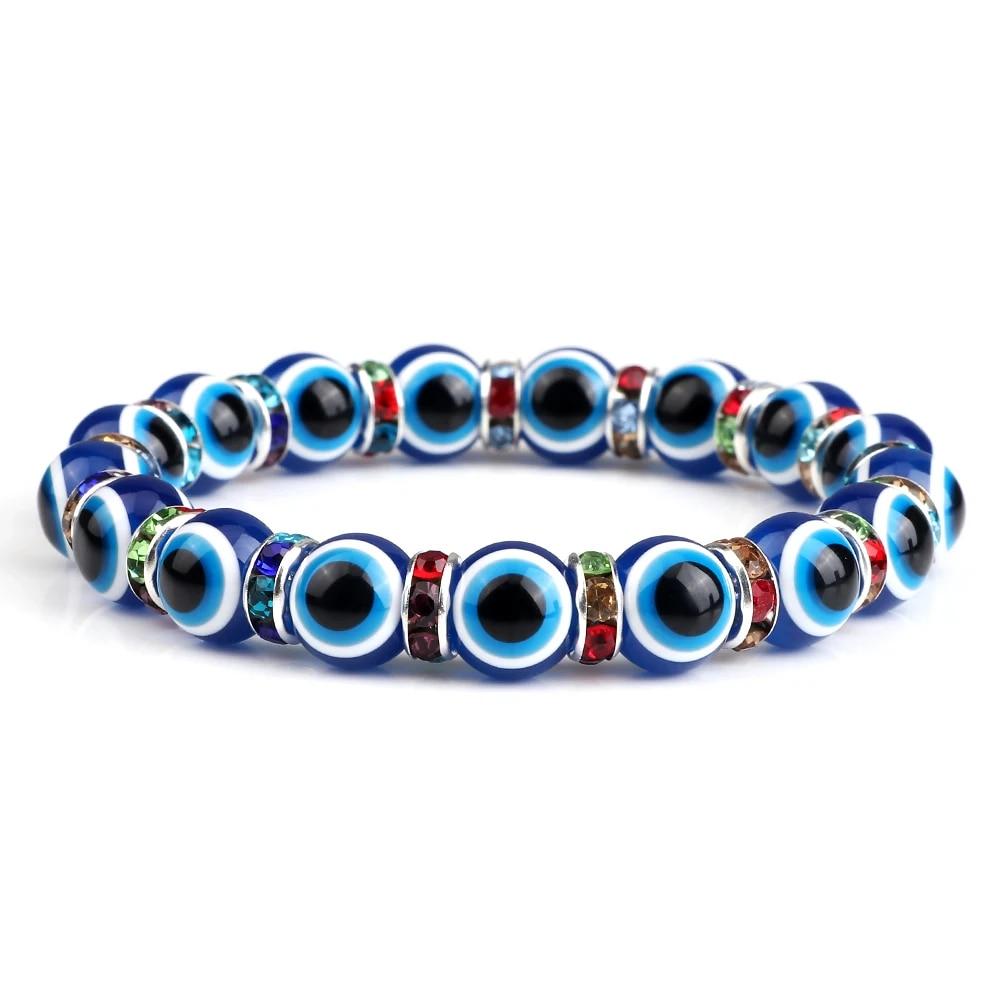 10mm Lucky Blue Evil Eye Bracelet Palm Butterfly Owl Elephant Pendant Charm Crystal Resin Beaded Bracelets for Women Men Jewelry