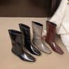 Leather Version~ Autumn and Winter New Korean Version of Simple Square Head Versatile Temperament Low Heel Knight Boots Women's Sleeve Medium Boots W