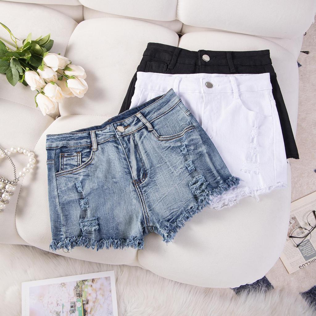 Cross-Border European & American Sexy Casual High-Waisted Plus Size Ripped Denim Shorts for Women