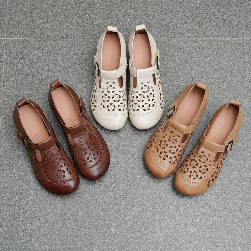 New Spring and Summer Thick Heel Breathable Single Shoes Women's First Layer Cowhide Hollow Hole Shoes Leather Shoes Mother Shoes