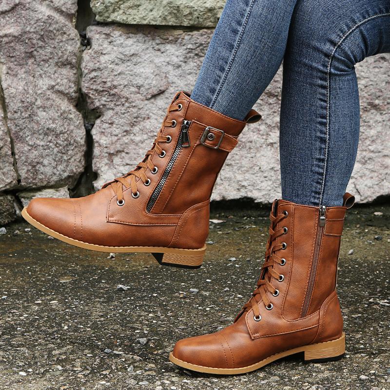 Retro Autumn/Winter Women's Western Cowboy Boots Lace Up Solid Color Side Zipper Low Heel Mid Calf Motorcycle Boot Goth Shoe