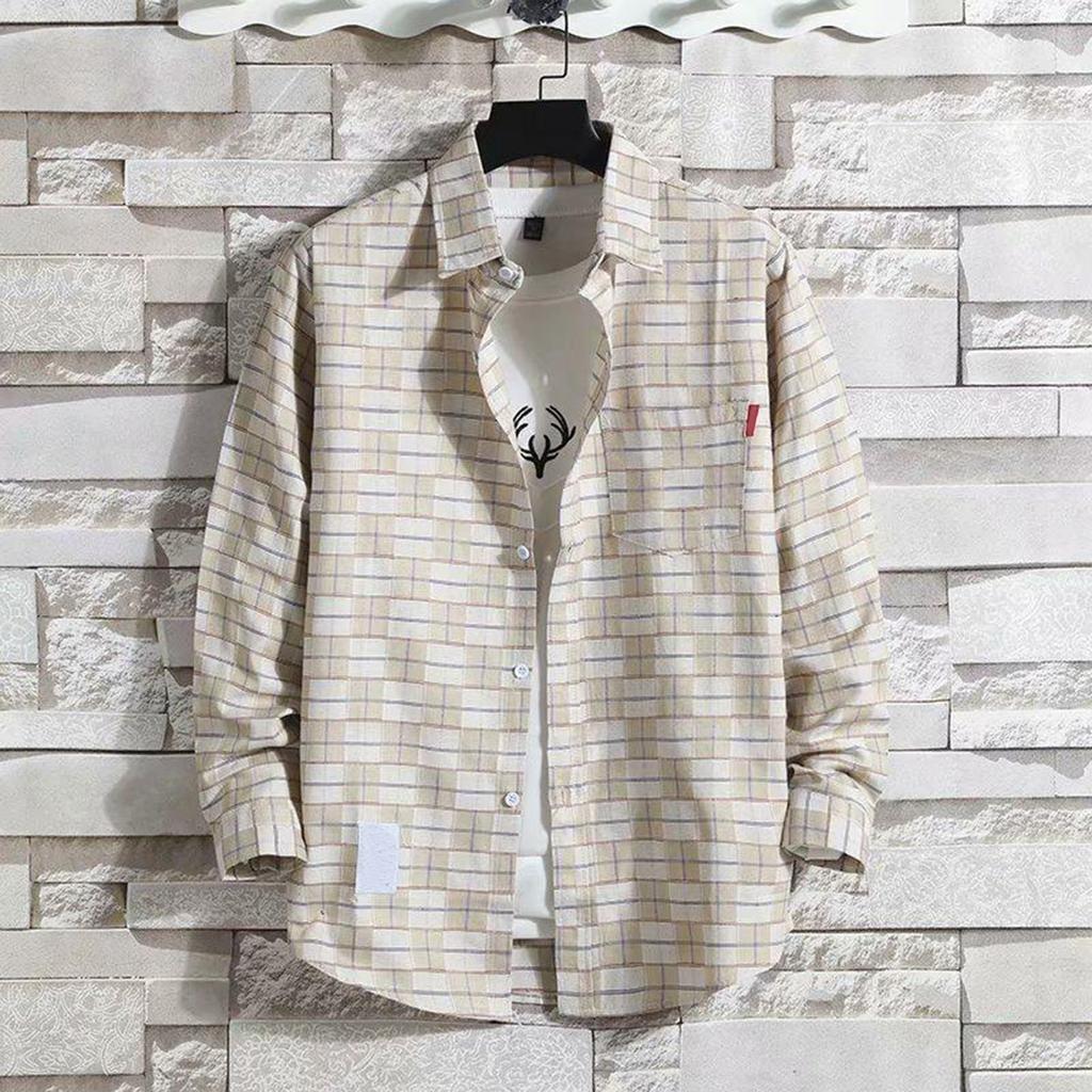 Men's Blouses Lapel Shirt Long Sleeve Plaid T-shirts Loose Shirt With A Coat Button Down Casual Shirts Plus Size Fashion Tops