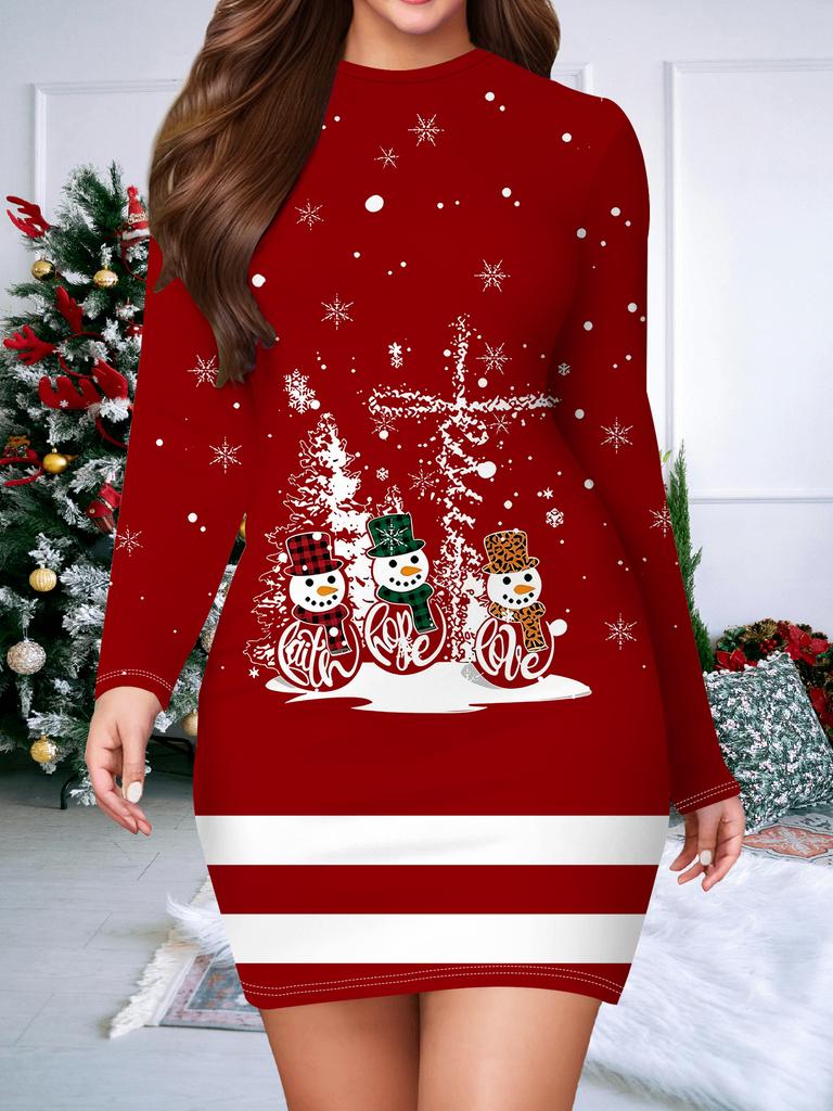 2025 Autumn and Winter New Women's Hip-wrapped Dress,3D Christmas Printing and Dyeing Women's Fashion Long-sleeved Round Neck Sexy Hip-wrapped Dress