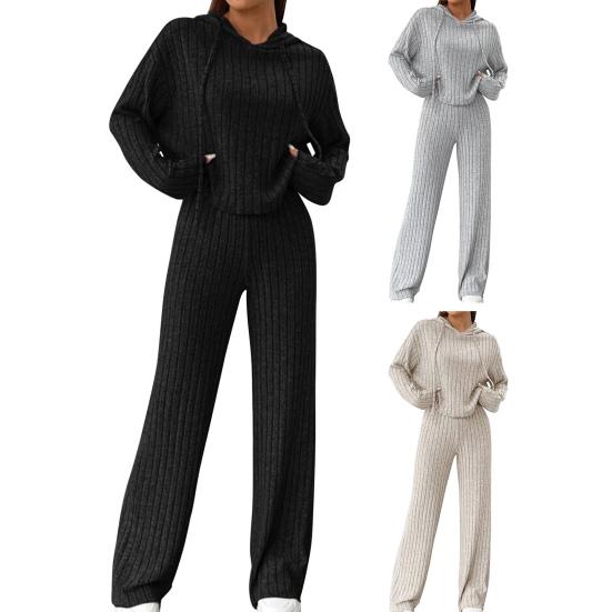 2 Pcs/Set Women Hoodie Pants Suit Drawstring Thread Long Sleeves Solid Color
