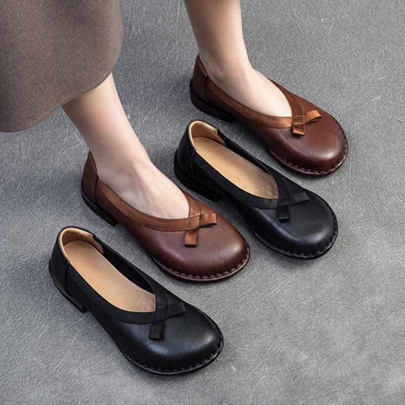Johnature Genuine Leather Comfortable Low Heel Shoes Retro Versatile Pumps Round Toe Women's Shoes