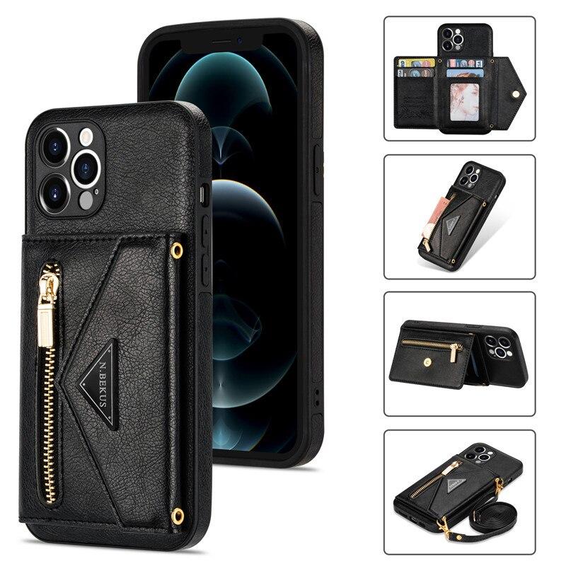 Lanyard Zipper Wallet Phone Case For iPhone 17 Pro Max 16 Plus 15 14 13 12 11 X XS XR 8 Samsung S25 Ultra S24 FE S22 S21 S20 Leather Purse Card Cover