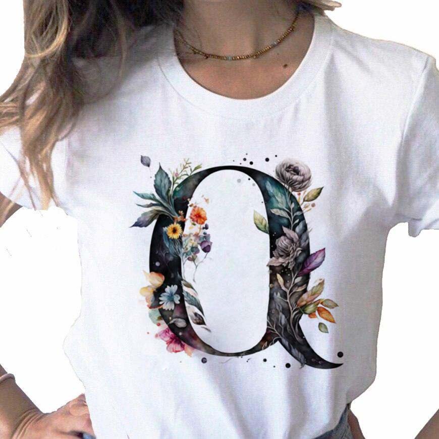 New Women T Shirt Custom Name Letter Combination Print Tshirt Flower Letter Font A B C D E F G Short Sleeve Female Tees Tops