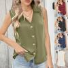 Women's Solid Color V-neck Loose Chiffon Shirt Sleeveless Twist-button Vest Shirt
