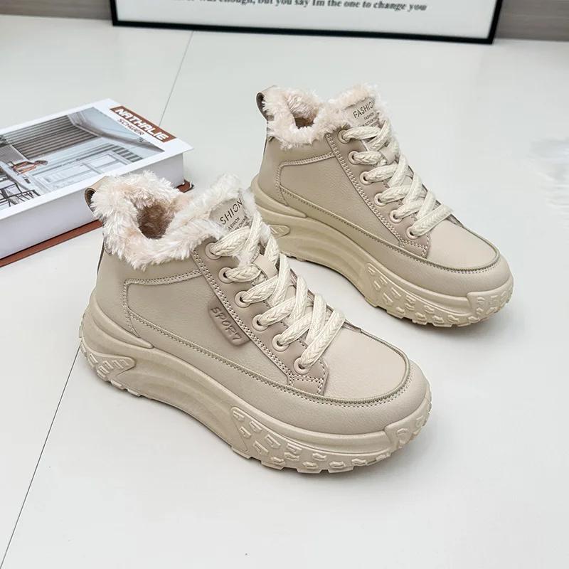 Fashion Sneakers Ladies Snow Boots 2024 Platform Round Toe Leather Chunky with Laces Lace-up Sports Wedge Heel Female Shoes Boot Spring