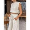 Women Holiday Linen Pant Set Crop Tops Solid Outfits Two Piece Matching Set For Women