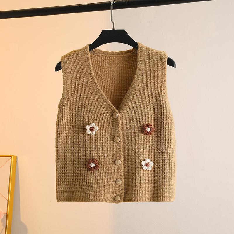 Handmade Flower-appliquéd Knitted Waistcoat Coat Fashion V-neck Vest Short Cardigan Gilet for Spring and Autumn