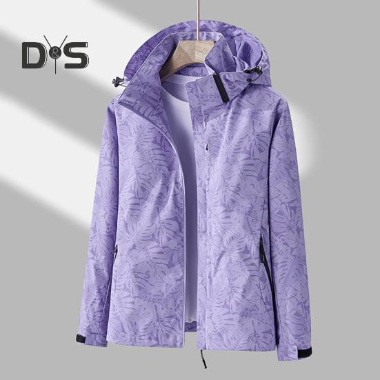 Women Jacket Stand Collar Detachable Hood Long Sleeve Casual Coat with Pockets Maple Leaves Print Zipper Placket Outwear