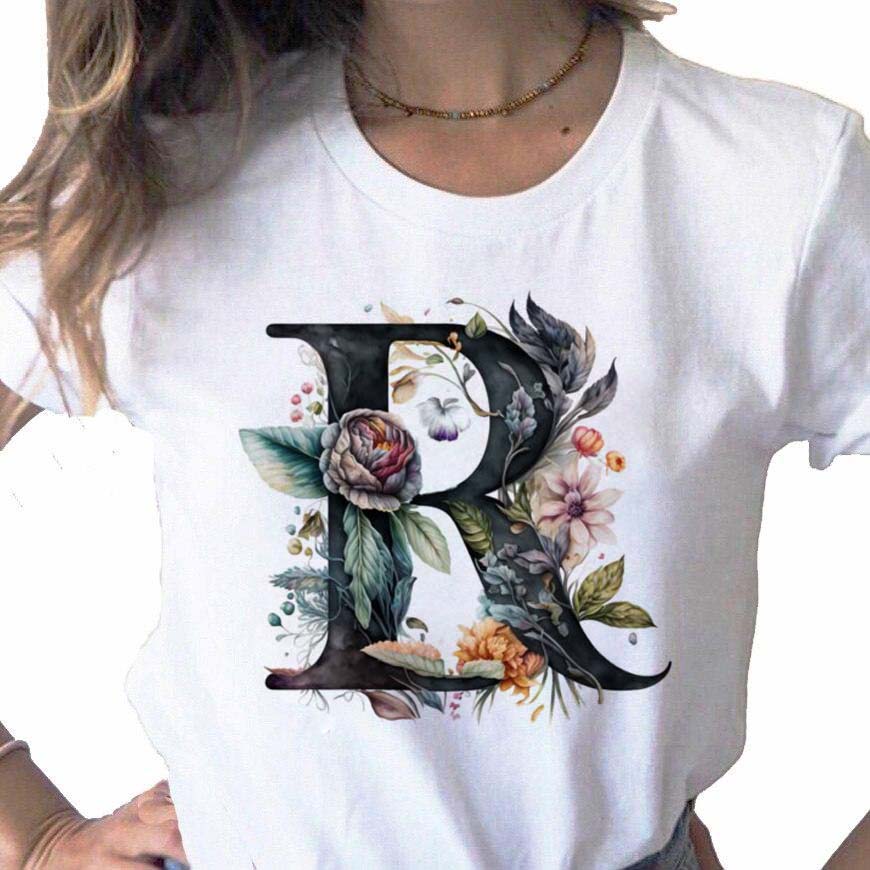 New Women T Shirt Custom Name Letter Combination Print Tshirt Flower Letter Font A B C D E F G Short Sleeve Female Tees Tops