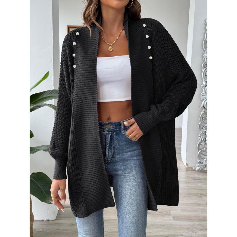 Women's Autumn and Winter Simple Loose Pearl Beaded Cardigan Sweater