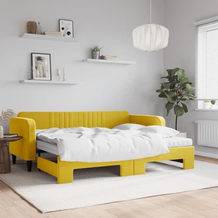 VidaXL Daybed with Trundle and Mattress Yellow 90x200 Cm Velvet 3197092